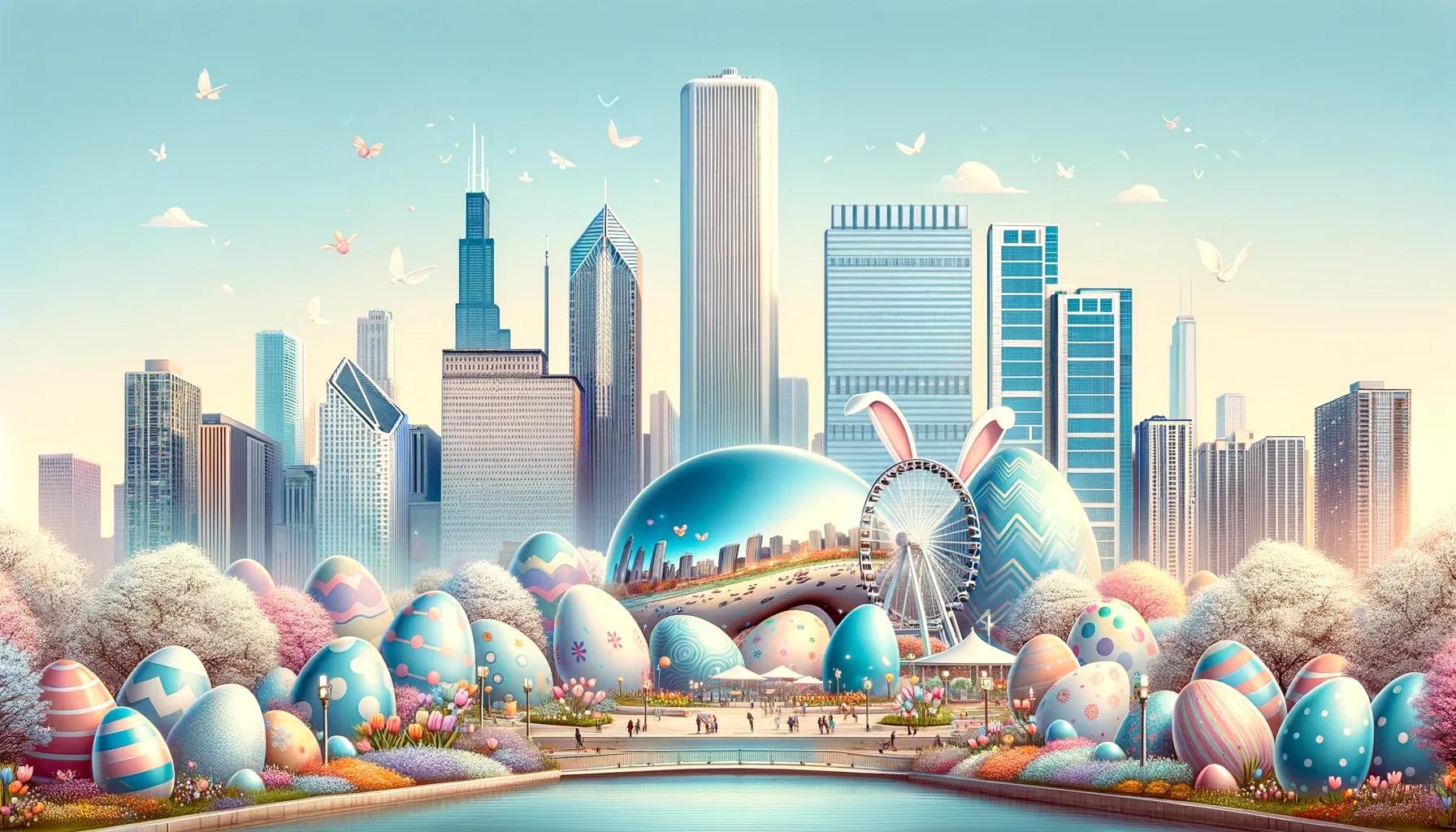 An imagined easter scene in downtown Chicago with giant eggs in front of the skyline